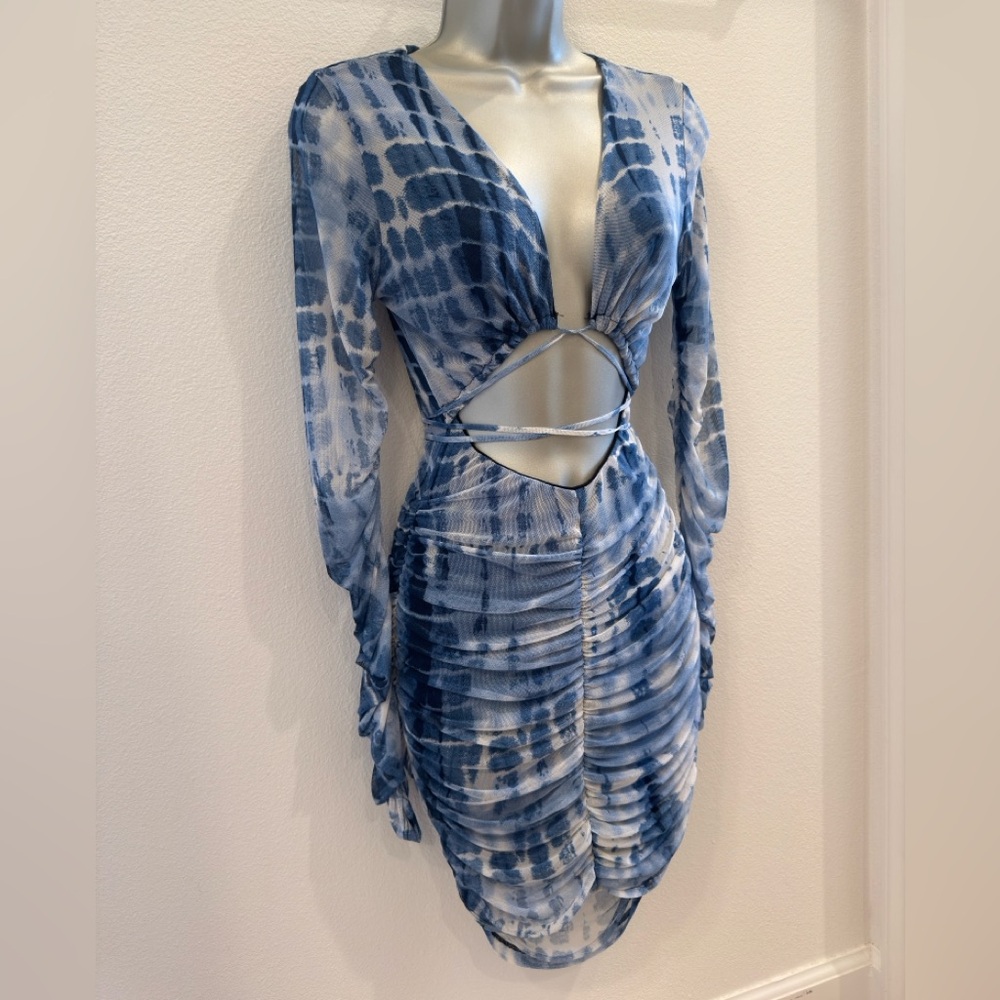 Blue Tie-Dye Cutout Ruched Womens Swim Cover Dress